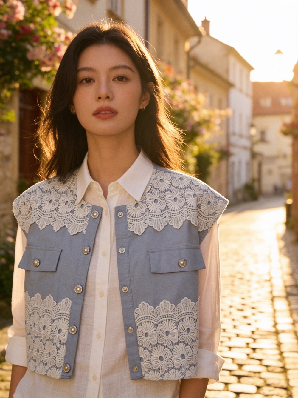 Light Blue Lace-Trim Cropped Vest - Women